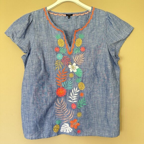 Talbots Embroidered Linen Cotton Split Neck Top Women 1X Floral Pineapple Beach - Picture 2 of 8
